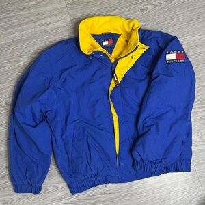 Vintage 90s TOMMY HILFIGER Flag Spell Out Sleeves Puffer Parka Jacket Sz XL Mens